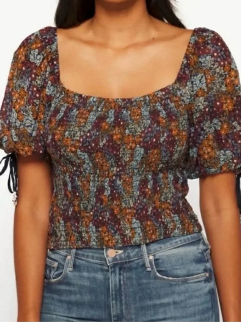 Free People Back On Top Floral Smocked Puff Sleeve Top XS NWT